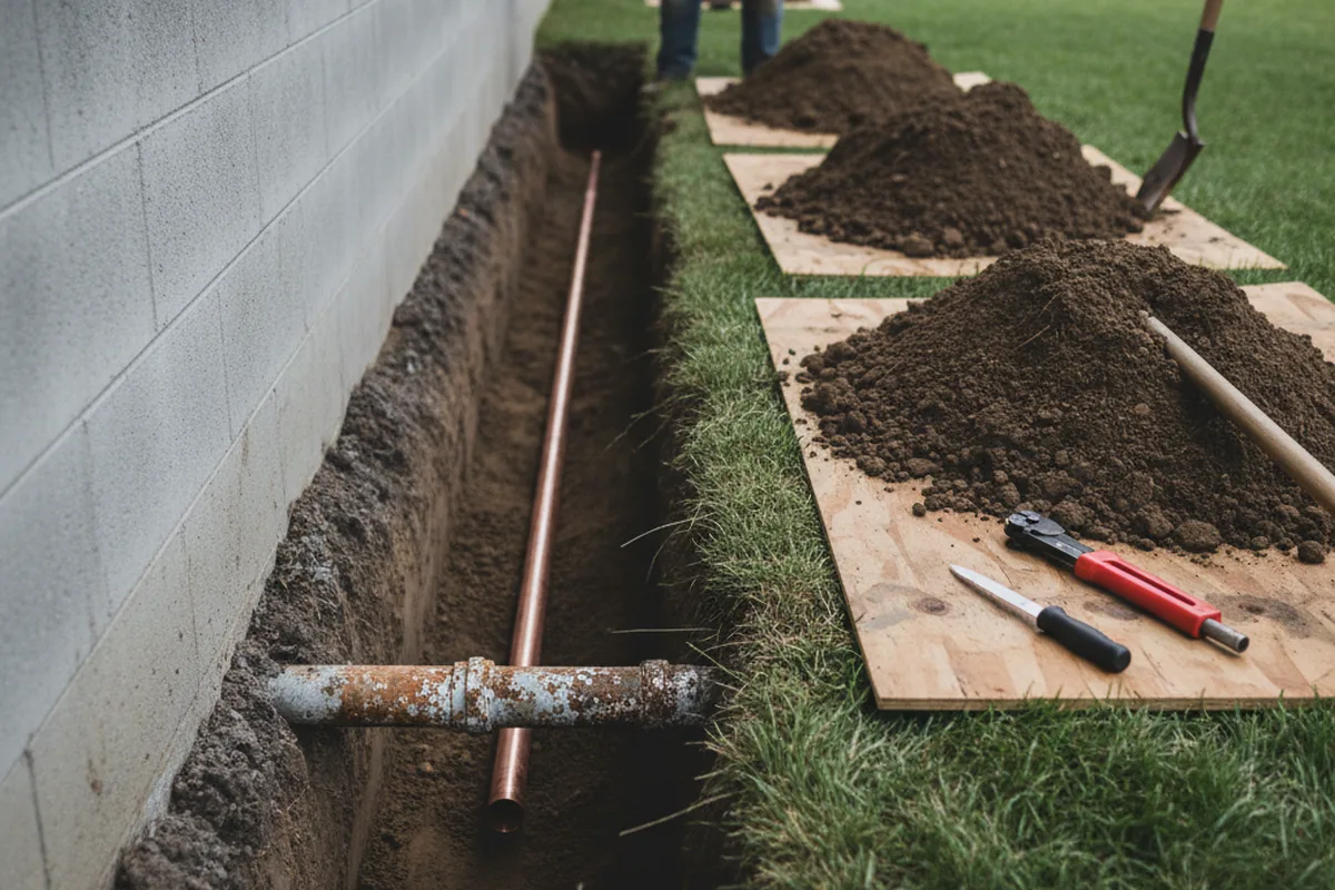 Excavated water line trench during Water Heater Repair in Wrightstown